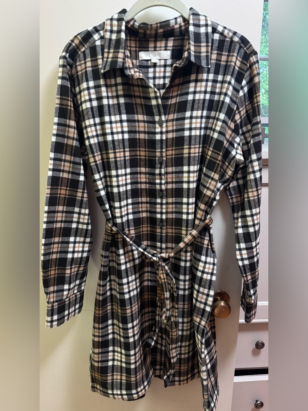 LOFT Plaid Button-Front Dress in Black, Cream & Tan